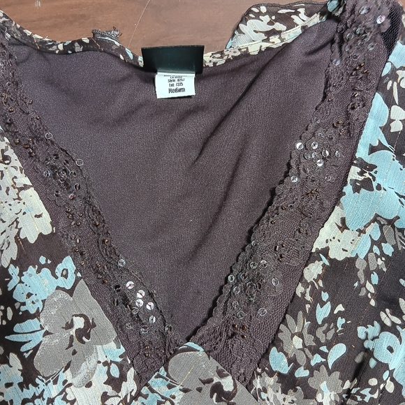 Tailor B. Moss Women's M Brown & Teal Floral Babydoll Style Long-Sleeve Top - Picture 3 of 8
